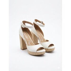 AMERICAN RAG 10 White Faux Leather Raffia Platform Block Heels Ankle Strap